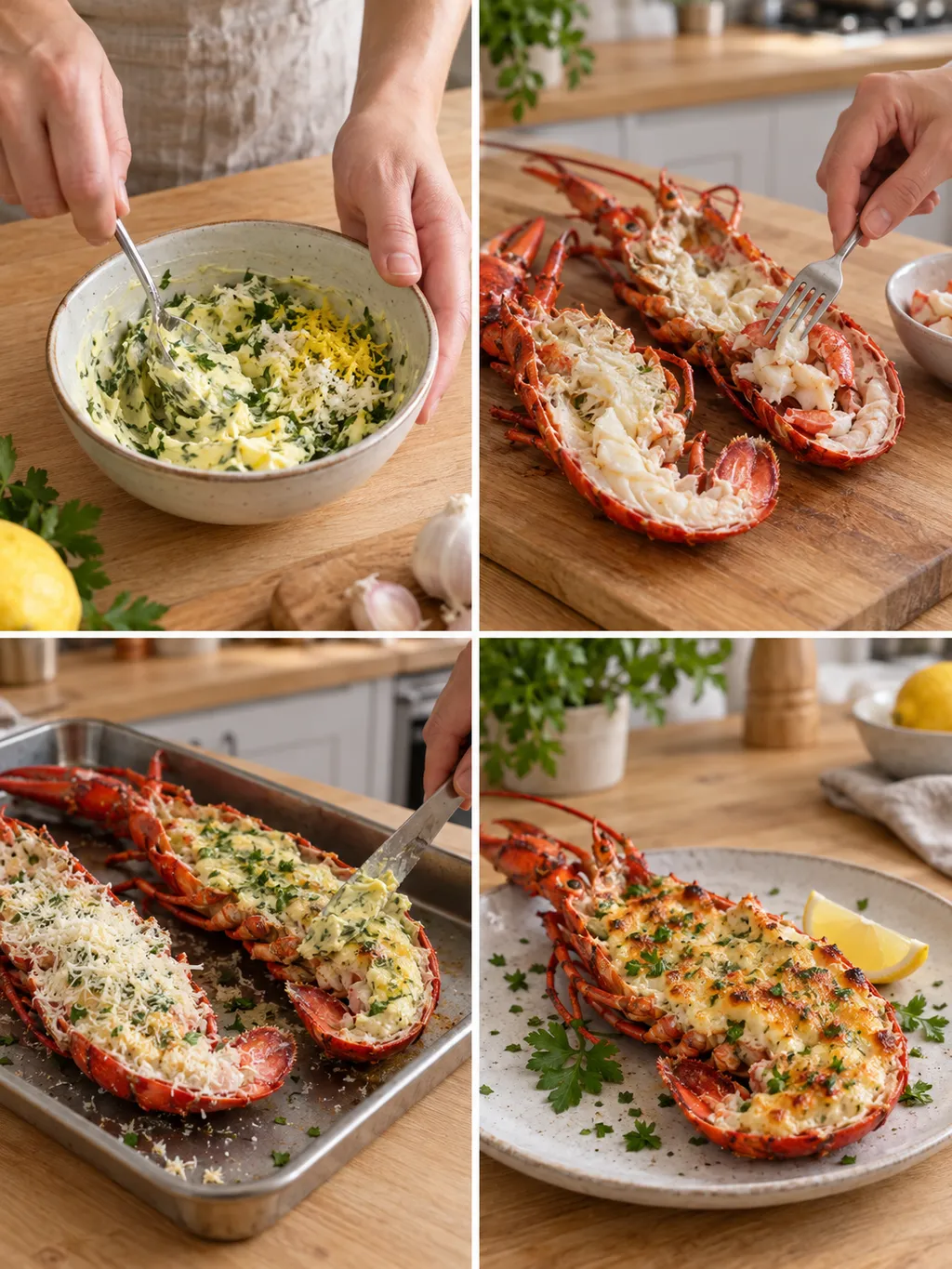 Vitlökssmör blandas och hummer fylls före servering med gyllene parmesan och persilja