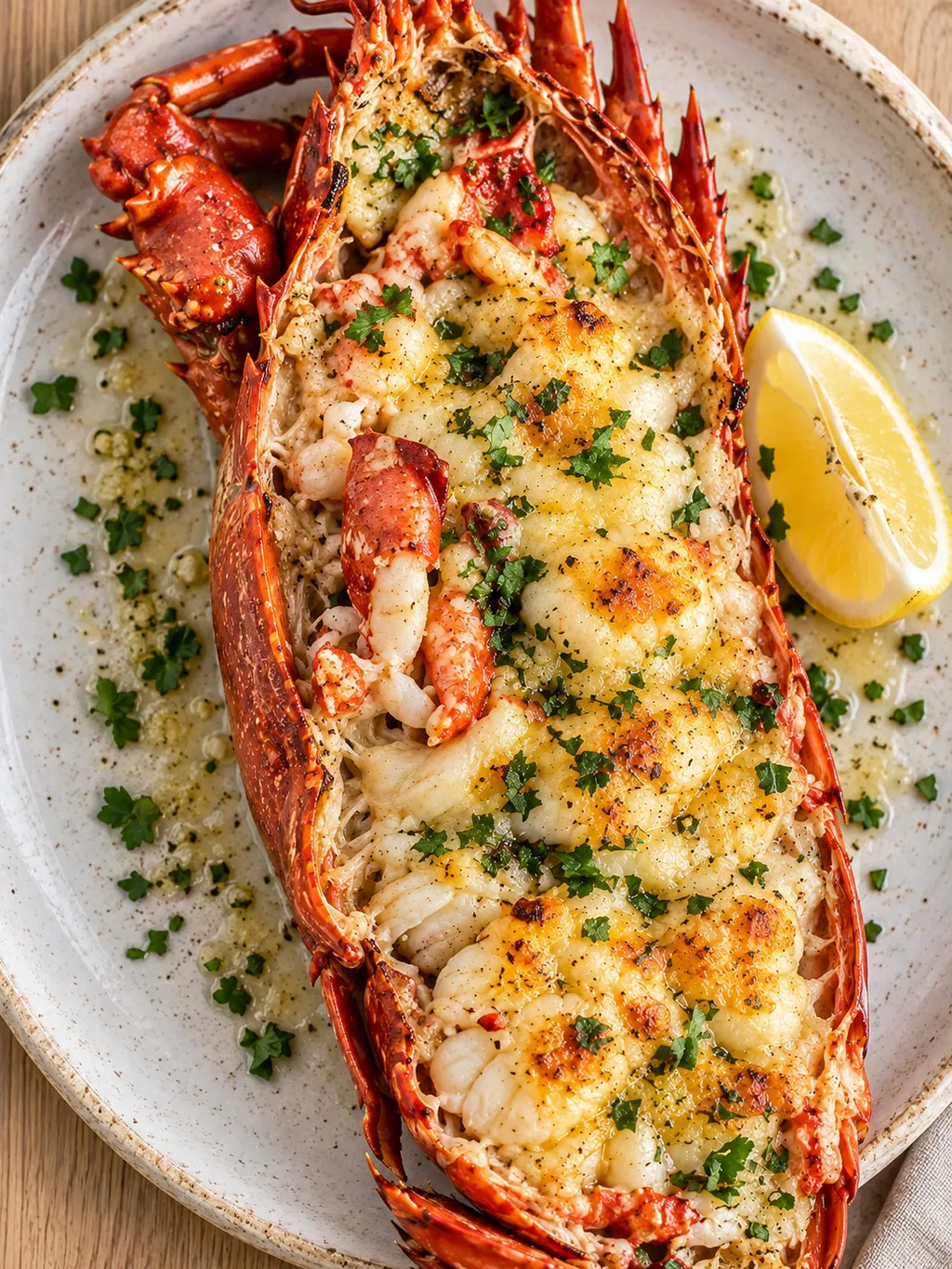 Gratinerad hummerhalva med gyllene parmesan, persilja, vitlökssmör och citron