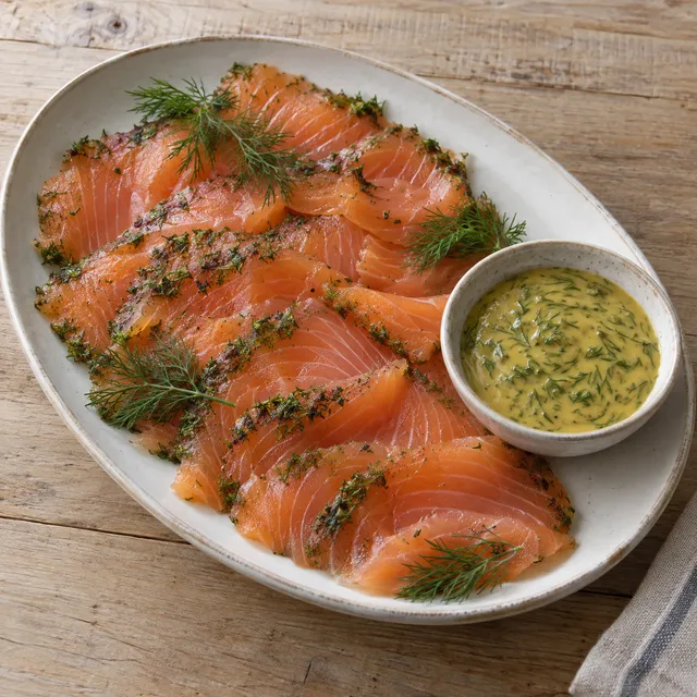 Tunna skivor gravad lax med dill och en skål hovmästarsås på ett ljust fat
