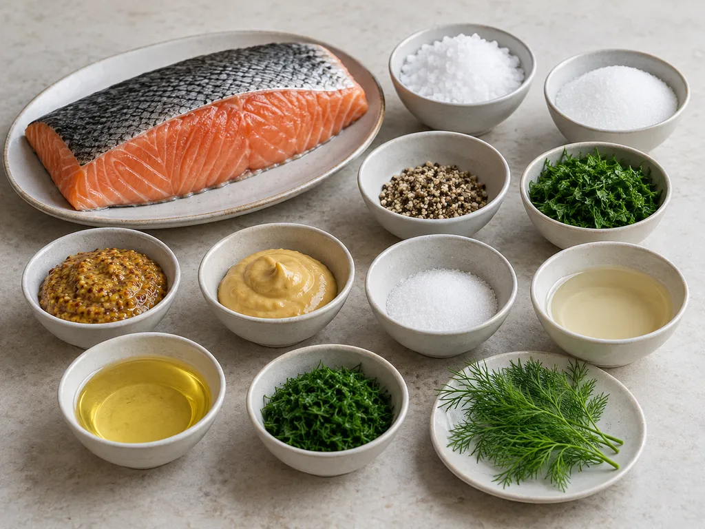 Laxfilé, salt, socker, vitpeppar, dill, senap, vinäger och rapsolja i separata skålar
