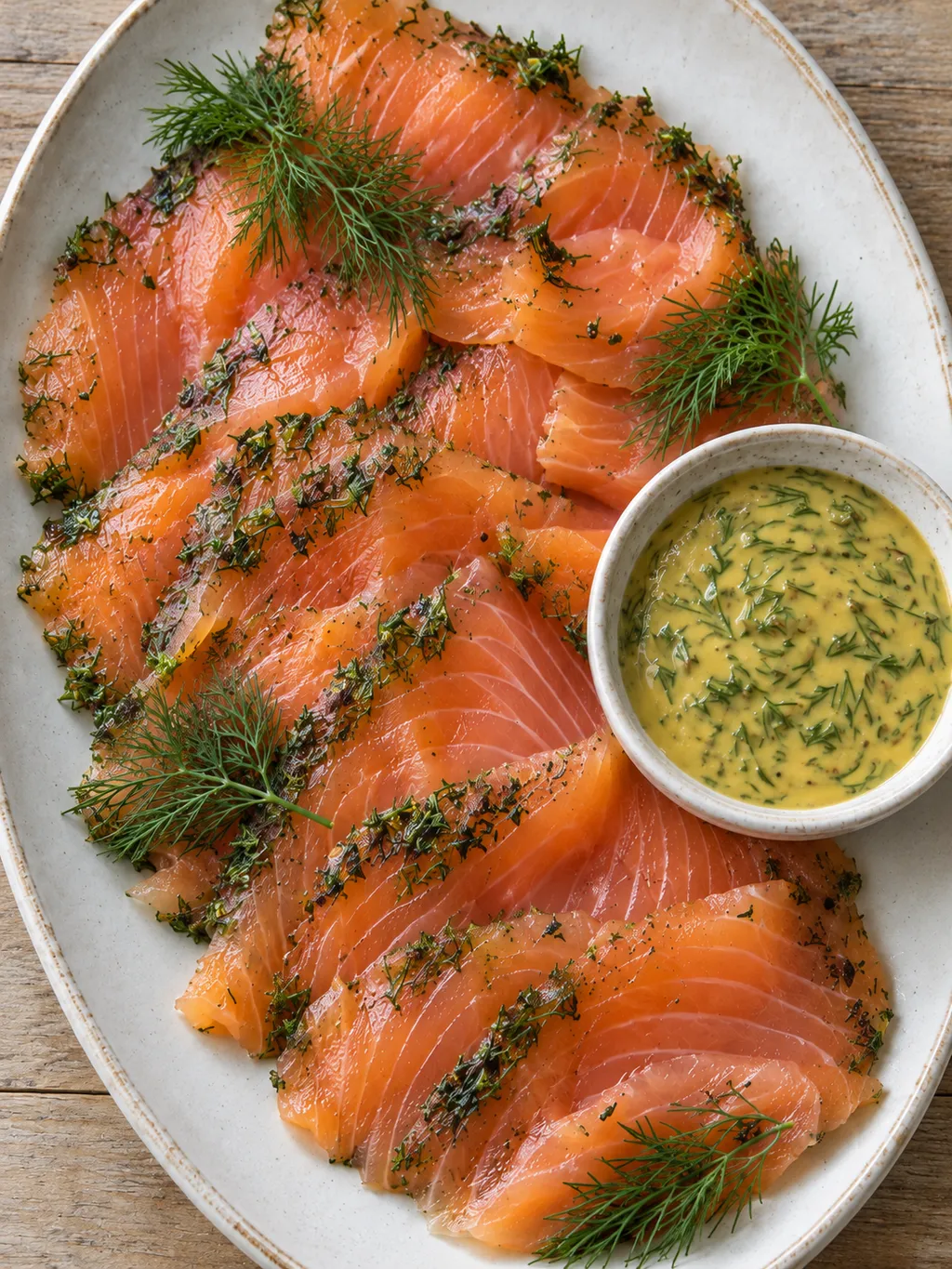 Gravad lax i tunna skivor med färsk dill och gyllengul hovmästarsås