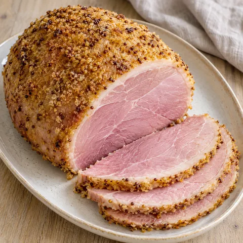 Griljerad julskinka med gyllene senapstäcke och tunna rosa skivor på ett ljust fat