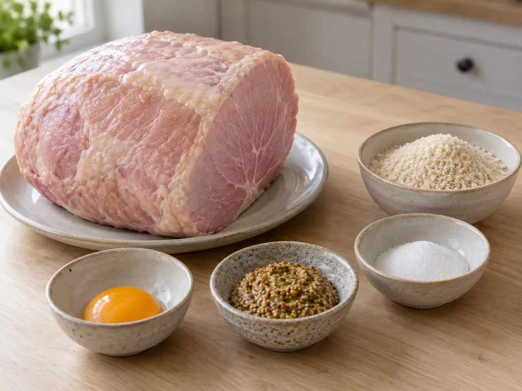 Färdigkokt julskinka, äggula, grovkornig senap, socker och ströbröd på ljus träyta