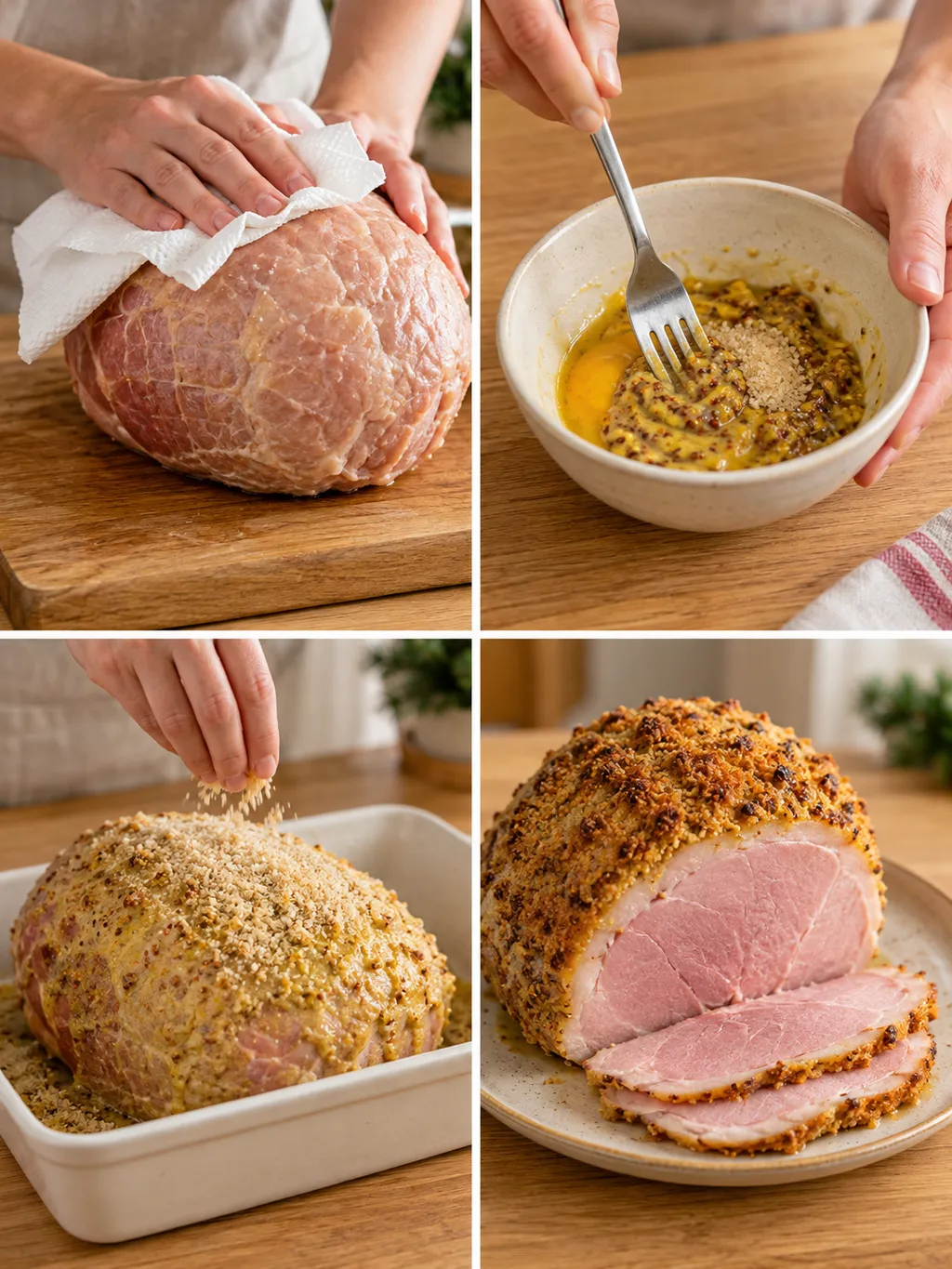 Julskinka torkas, senapstäcke blandas och ströbröd läggs på före färdig griljering