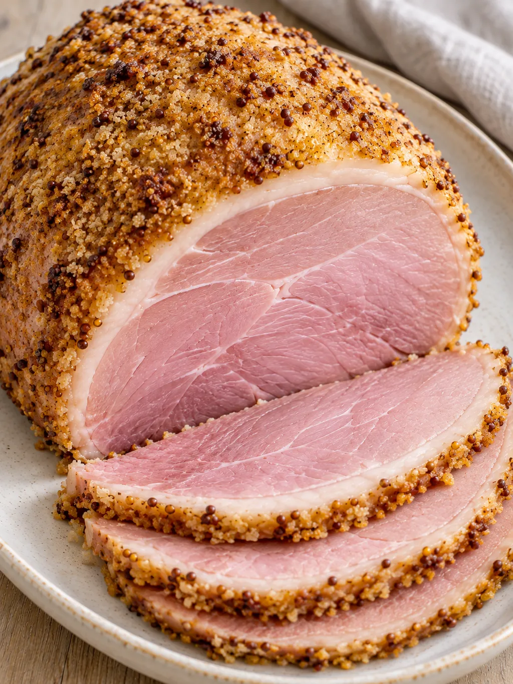 Griljerad julskinka med frasigt senapstäcke och saftiga rosa skivor