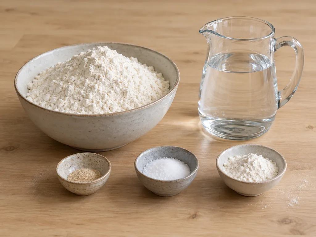 Vetemjöl, torrjäst, salt och vatten samt extra mjöl till grytbröd