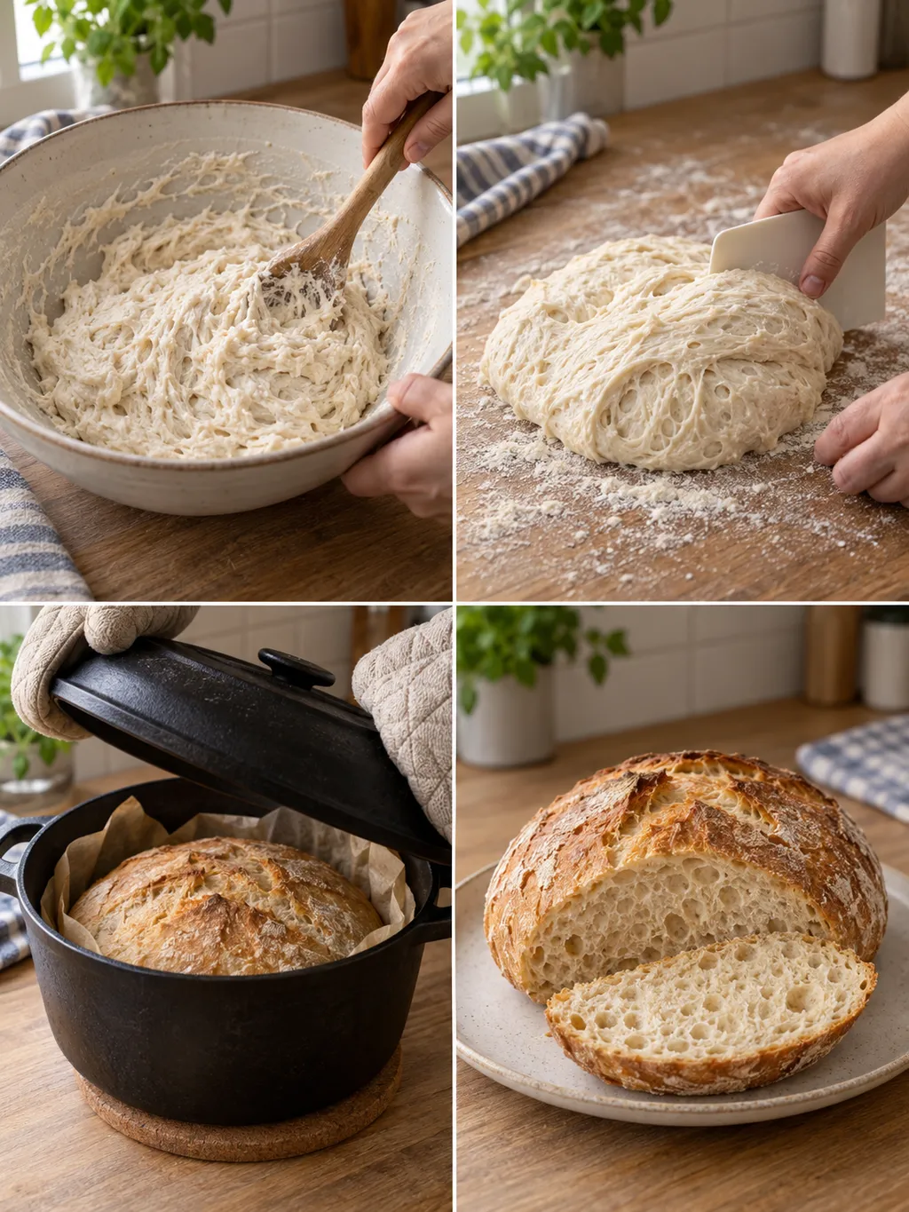 Grytbröd från ihopblandad deg och vikning till gräddning och färdigt bröd