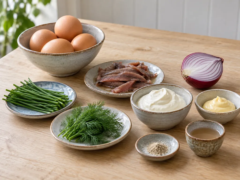 Ägg, ansjovis, rödlök, gräslök, dill, crème fraiche, majonnäs, vitpeppar och spad