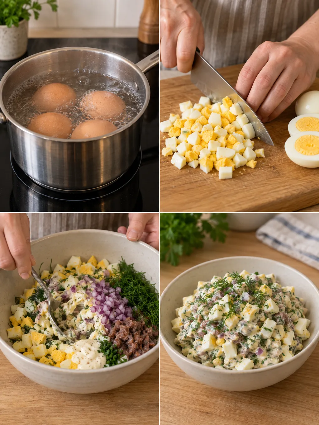 Ägg kokas och hackas innan gubbröran blandas och serveras med gräslök