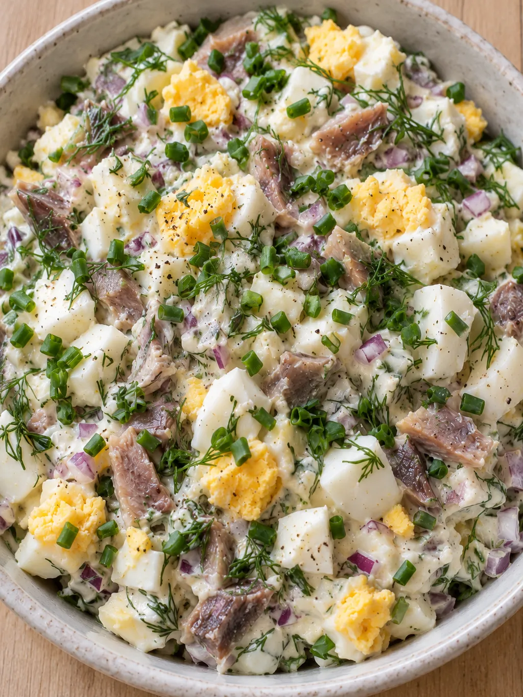 Krämig gubbröra med grovhackade ägg, ansjovis, rödlök och gräslök