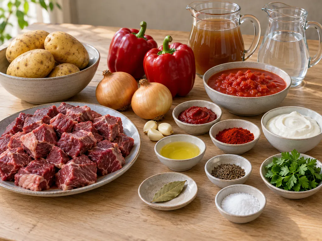 Högrev, potatis, paprika, lök, tomater, kryddor och gräddfil till gulaschsoppa