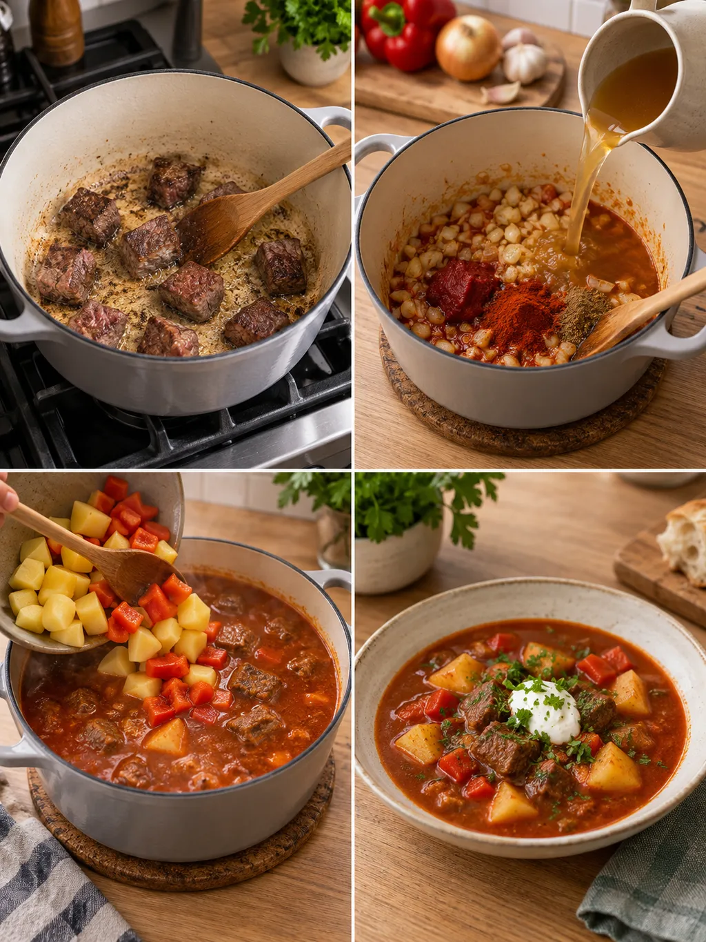 Högrev bryns och gulaschsoppa tillagas med paprika och potatis, sedan serveras den med gräddfil