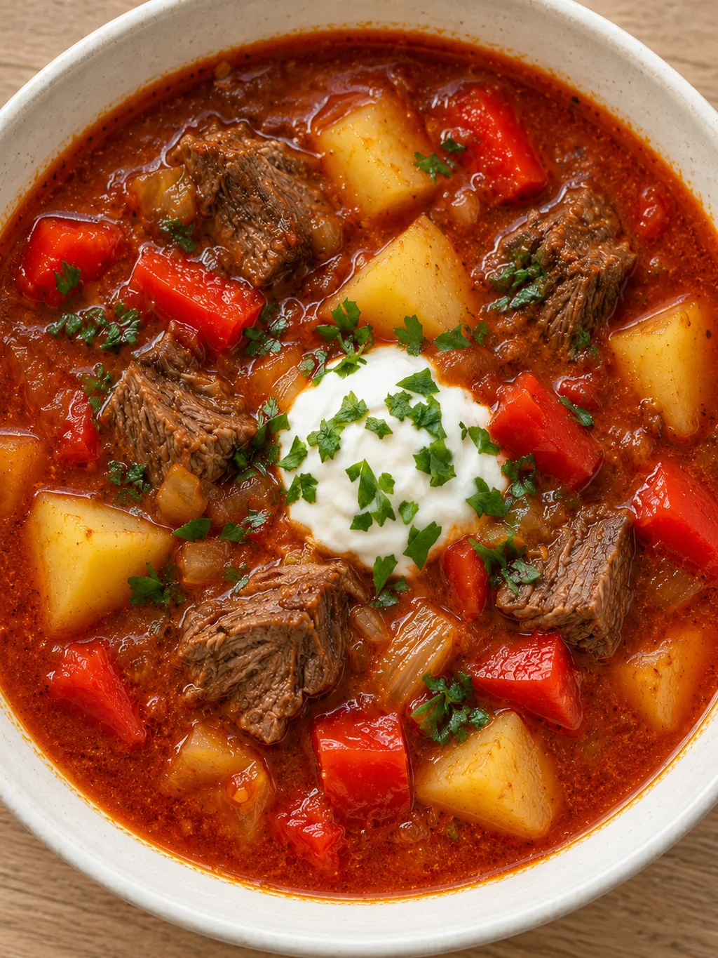Mustig gulaschsoppa med kött, potatis, paprika och en klick gräddfil