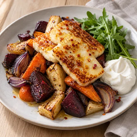 Gyllenstekt halloumi med rostade rotfrukter, honung, yoghurt och rucola