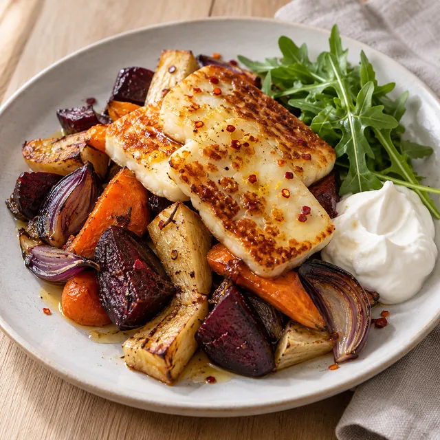 Gyllenstekt halloumi med rostade rotfrukter, honung, yoghurt och rucola