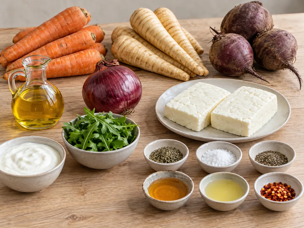 Halloumi, rotfrukter, rödlök, honung, kryddor, citron, yoghurt och rucola