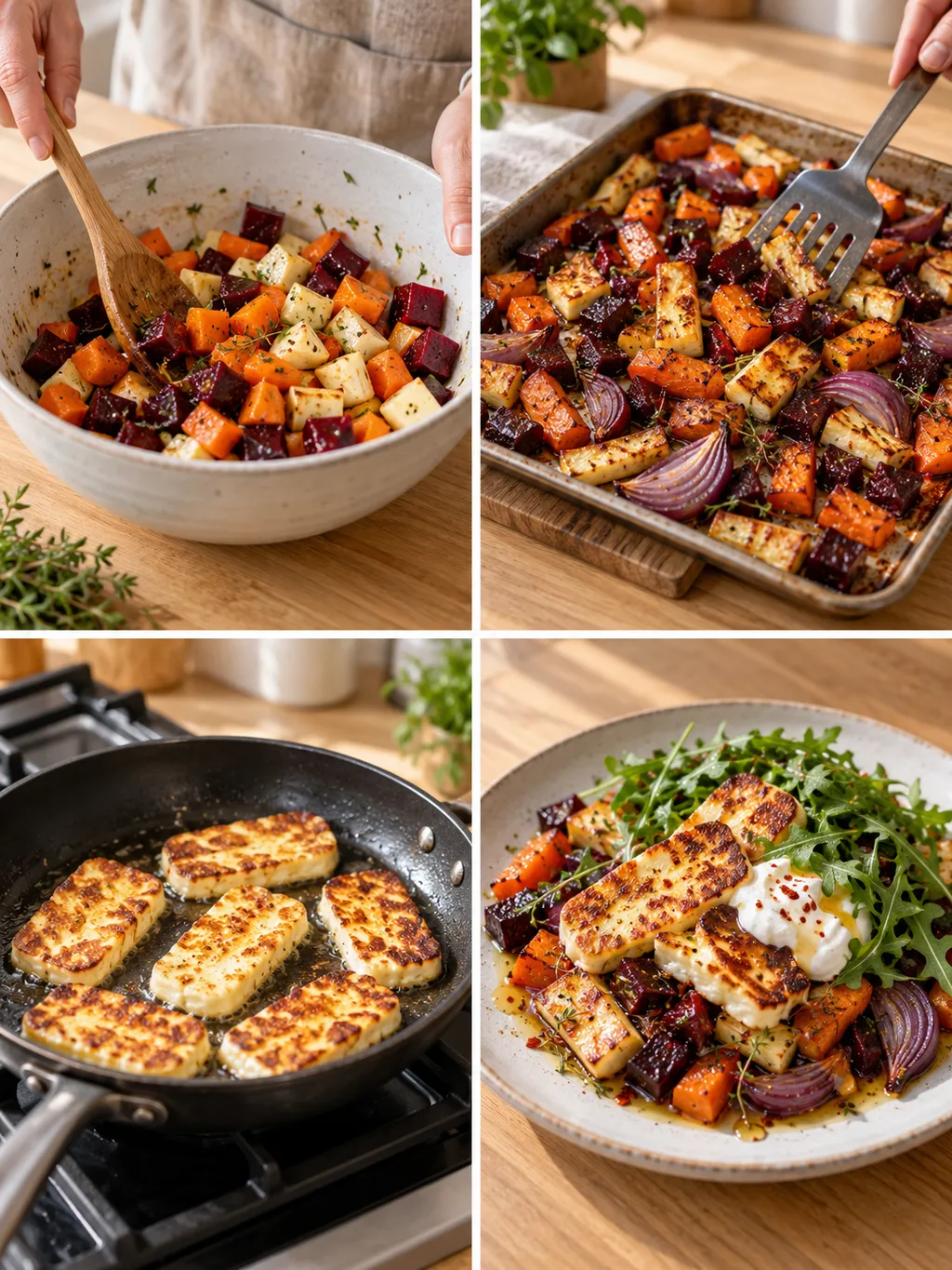 Rotfrukter förbereds och rostas, halloumi steks och den färdiga rätten serveras