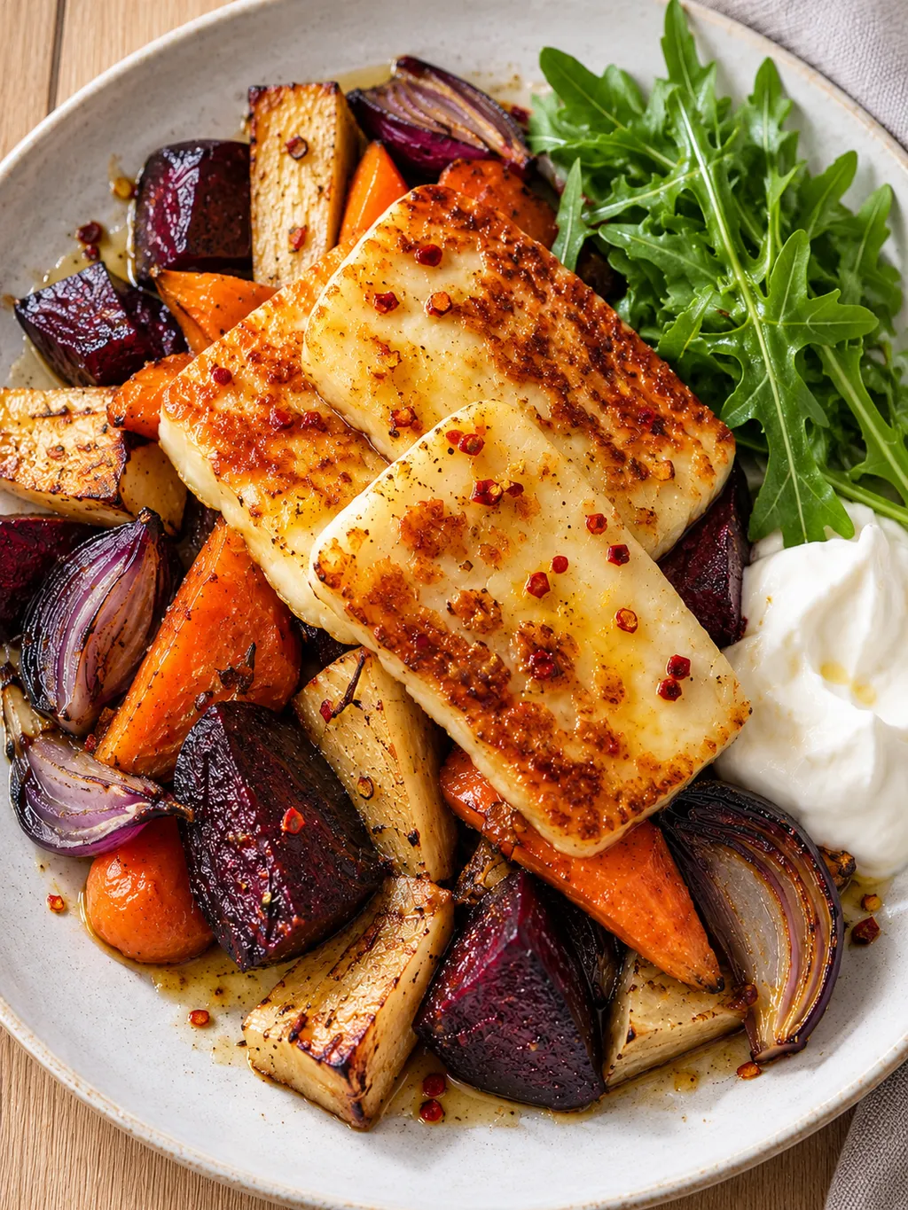 Stekt halloumi över rostade morötter, palsternackor och rödbetor med honungsdressing