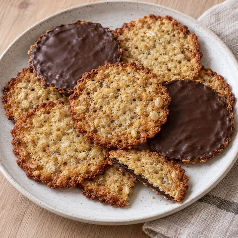 Gyllene havreflarn med tunt mörkt chokladlager på undersidan