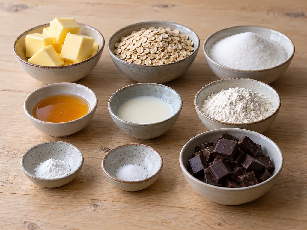 Havregryn, smör, socker, sirap och övriga ingredienser till chokladflarn