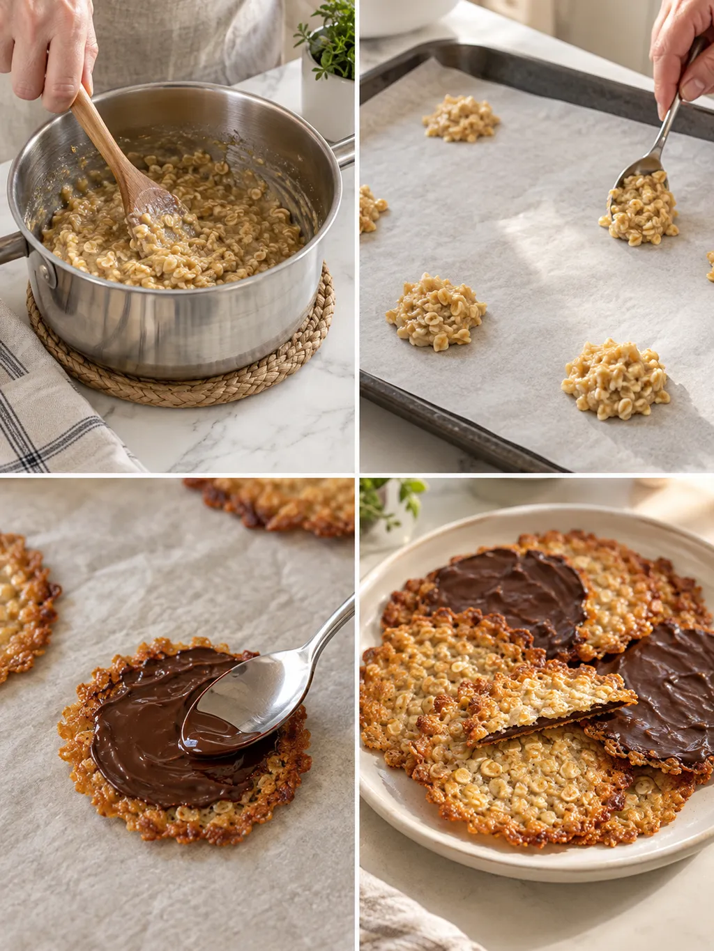 Havreflarn från havresmet och små klickar till chokladbestrukna färdiga kakor