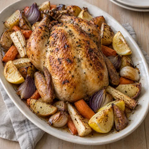 Hel ugnsstekt kyckling med potatis, rotfrukter, vitlök och rostade citronklyftor