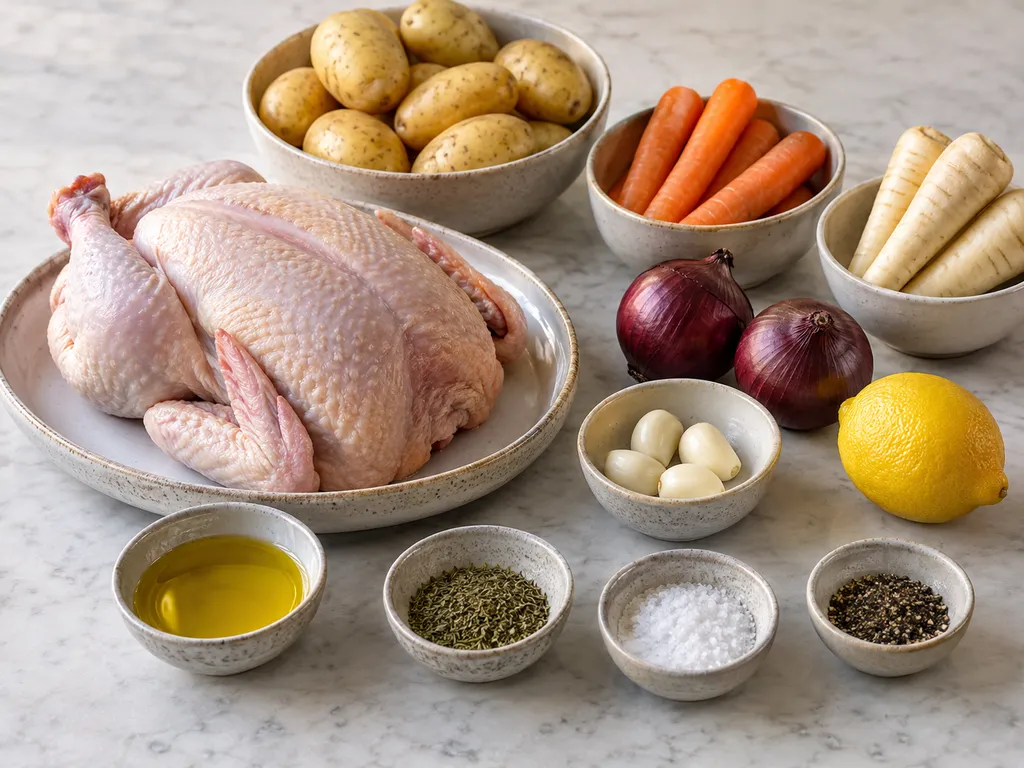Rå kyckling, potatis, morötter, palsternacka, rödlök, citron, vitlök och kryddor