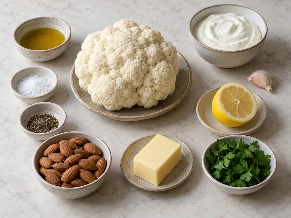 Blomkål, yoghurt, smör, mandlar, citron, vitlök och övriga råvaror på ljus sten