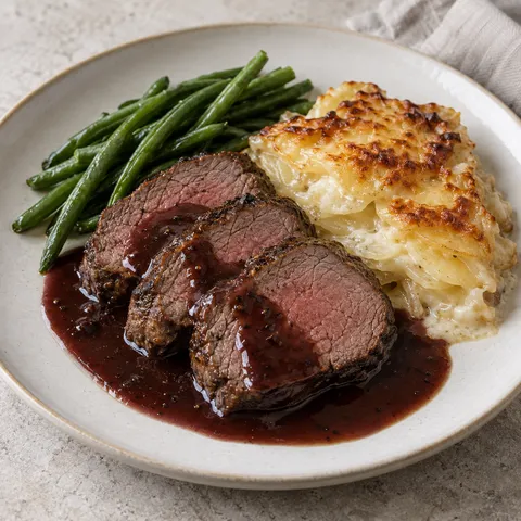 Oxfilé med rödvinssås, gyllene potatisgratäng och gröna bönor