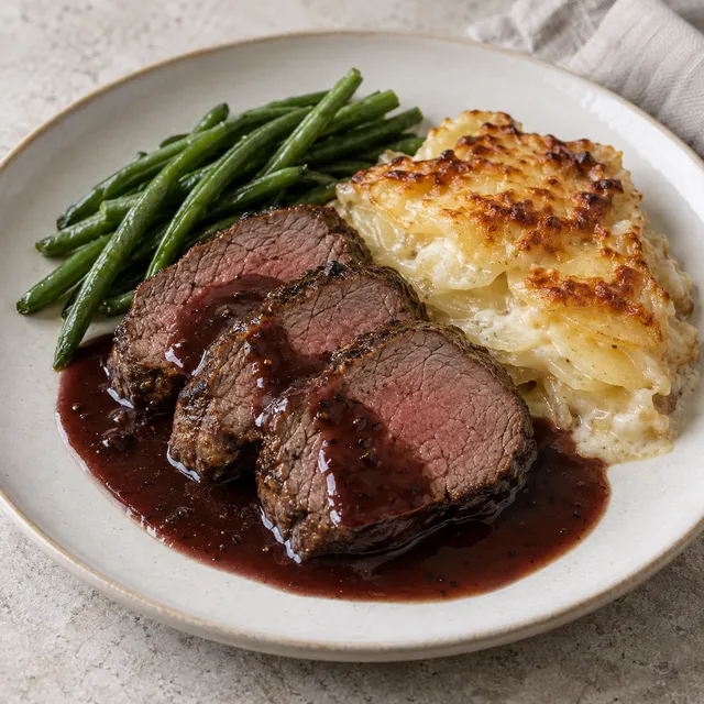 Oxfilé med rödvinssås, gyllene potatisgratäng och gröna bönor