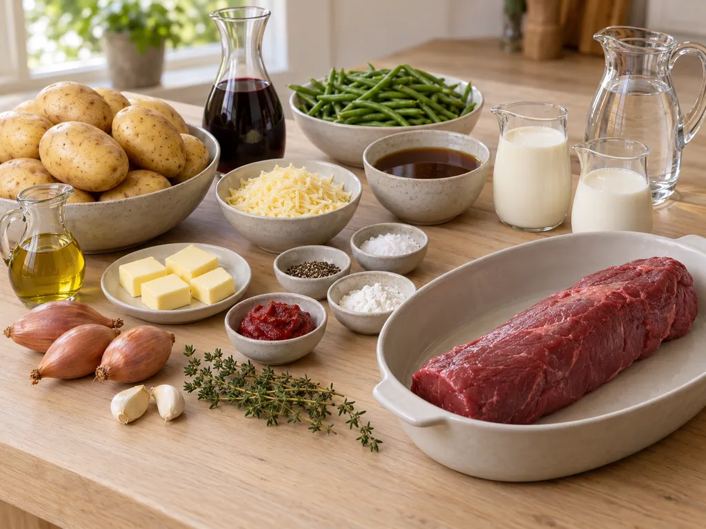Oxfilé, potatis, grädde, rödvin och övriga råvaror till festmiddagen
