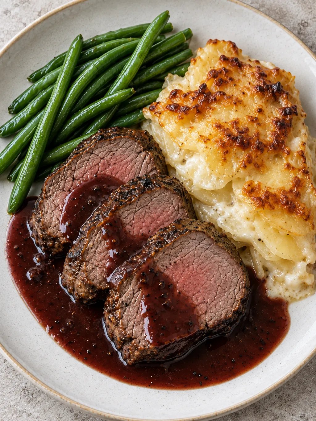 Skivad oxfilé med blank rödvinssås, krämig potatisgratäng och haricots verts