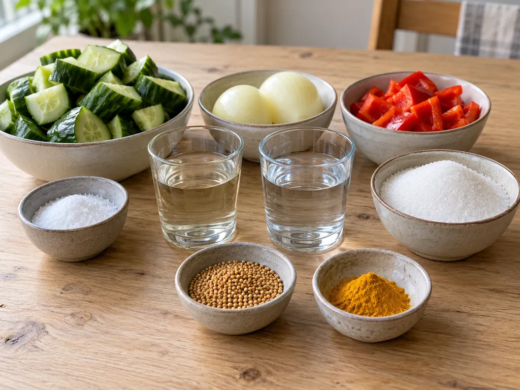 Gurka, lök, paprika, salt, ättiksprit, vatten, socker, senapsfrön och gurkmeja
