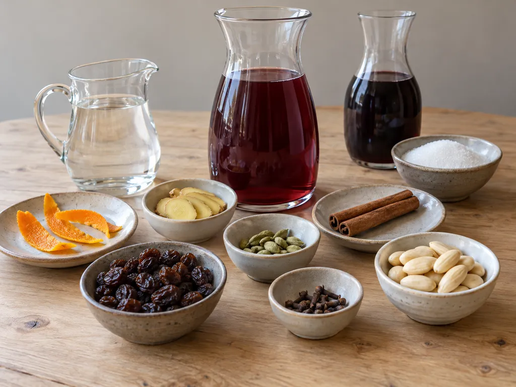 Druvjuice, rödvin, hela glöggkryddor, apelsinskal, ingefära, russin och mandel
