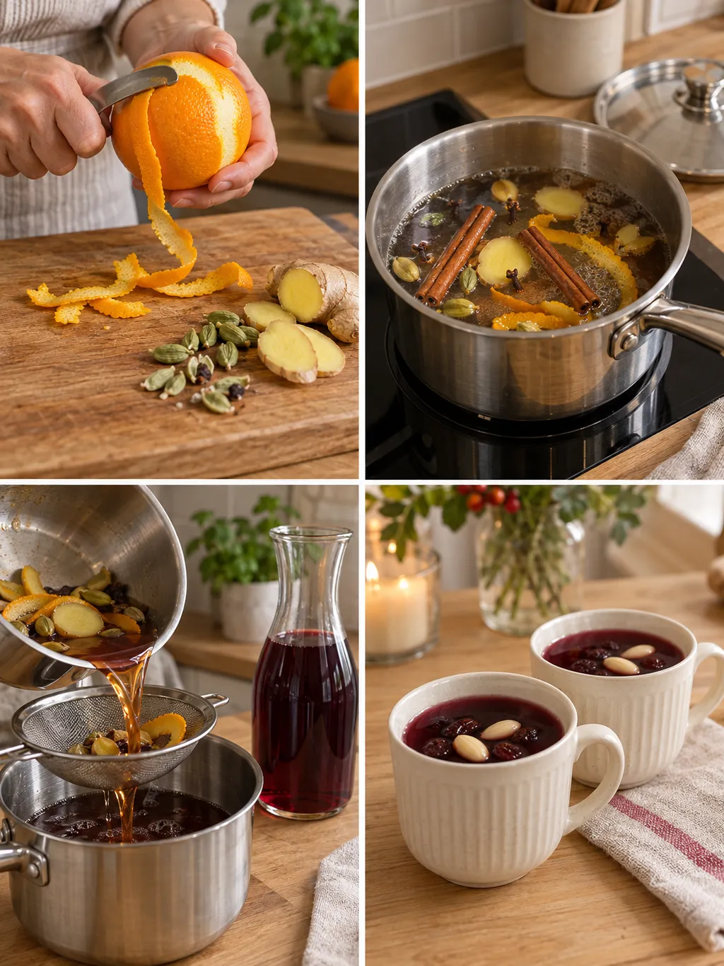 Apelsinskalning, kryddkokning och silning följt av färdig glögg med russin och mandel