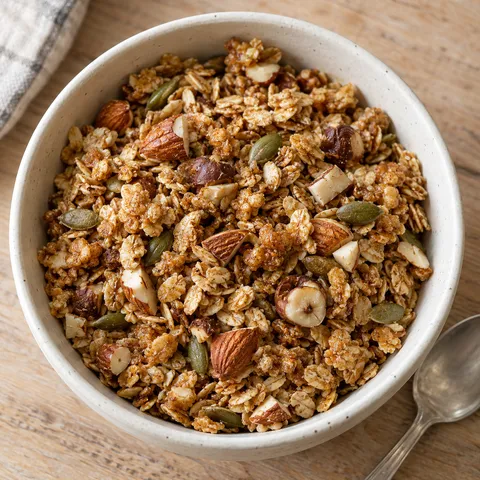 Gyllene granola med mandel, hasselnötter och pumpakärnor i en ljus skål