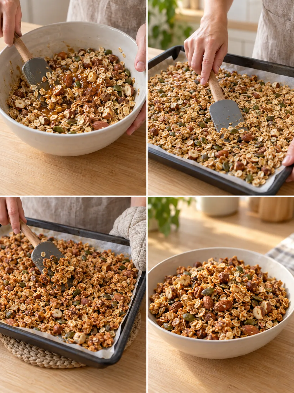 Granola blandas, trycks ut och vänds på plåten före servering i skål