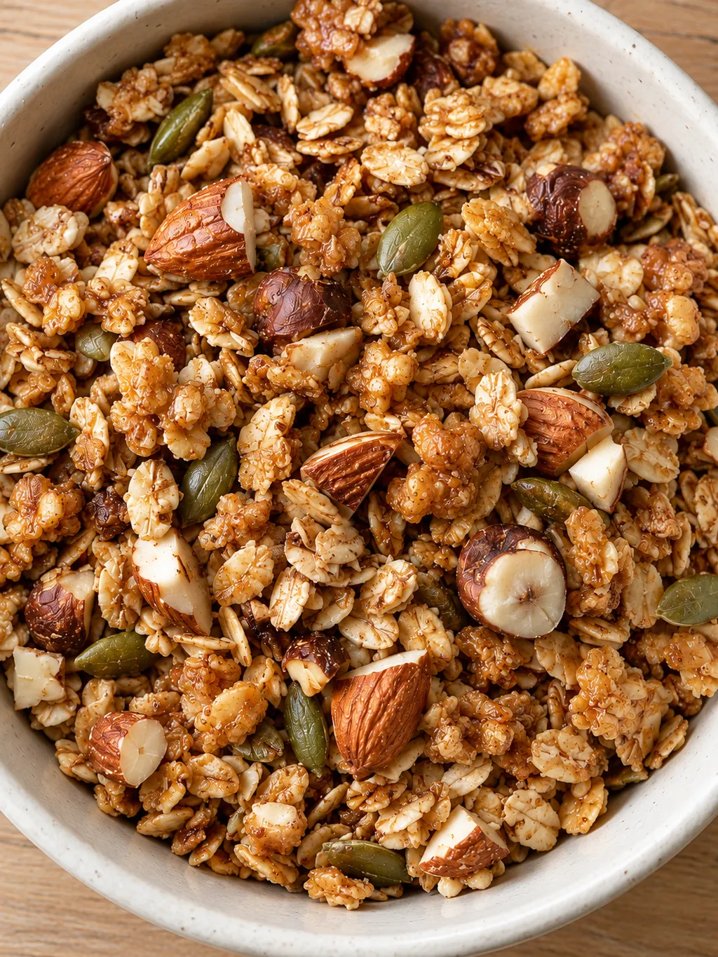 Knaprig honungsgranola med rostade nötter och gröna pumpakärnor
