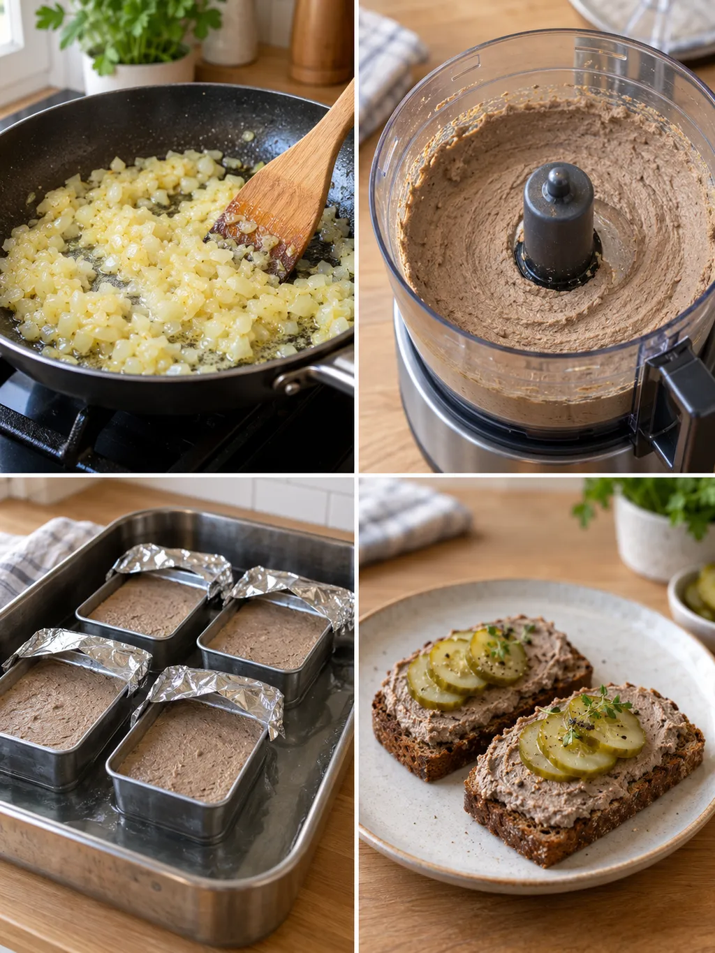 Lökstekning, pastejsmet, formar i vattenbad och färdiga leverpastejmackor