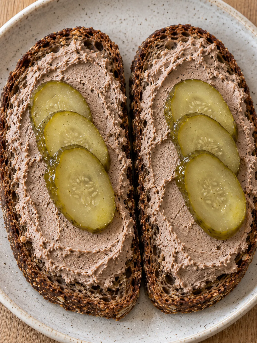 Rågbröd med krämig leverpastej och gröna saltgurksskivor