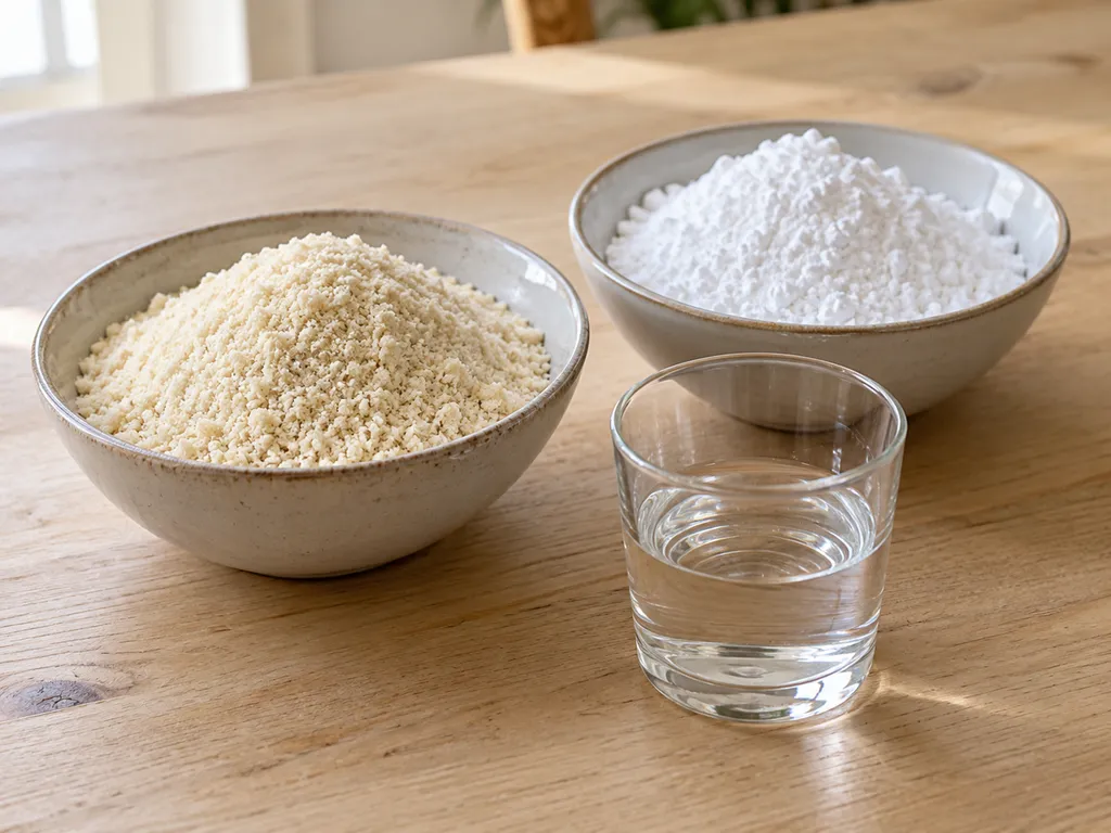 Mandelmjöl och florsocker i separata skålar samt vatten i ett glas
