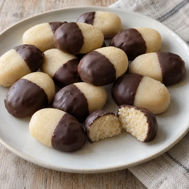 Ljusa marsipanbitar med ena änden doppad i mörk choklad på ett keramikfat