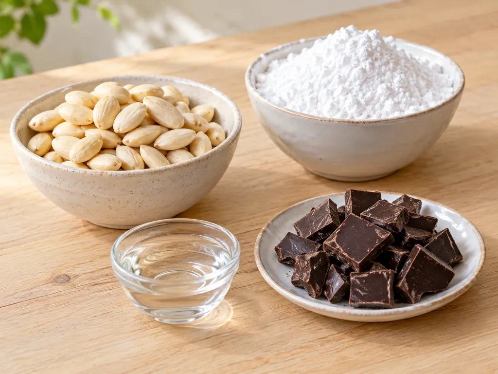 Skalad sötmandel, florsocker, vatten och mörk choklad i separata skålar