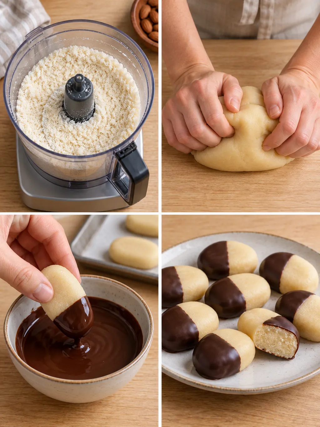 Marsipanpulver, knådning, chokladdoppning och färdiga marsipanbitar