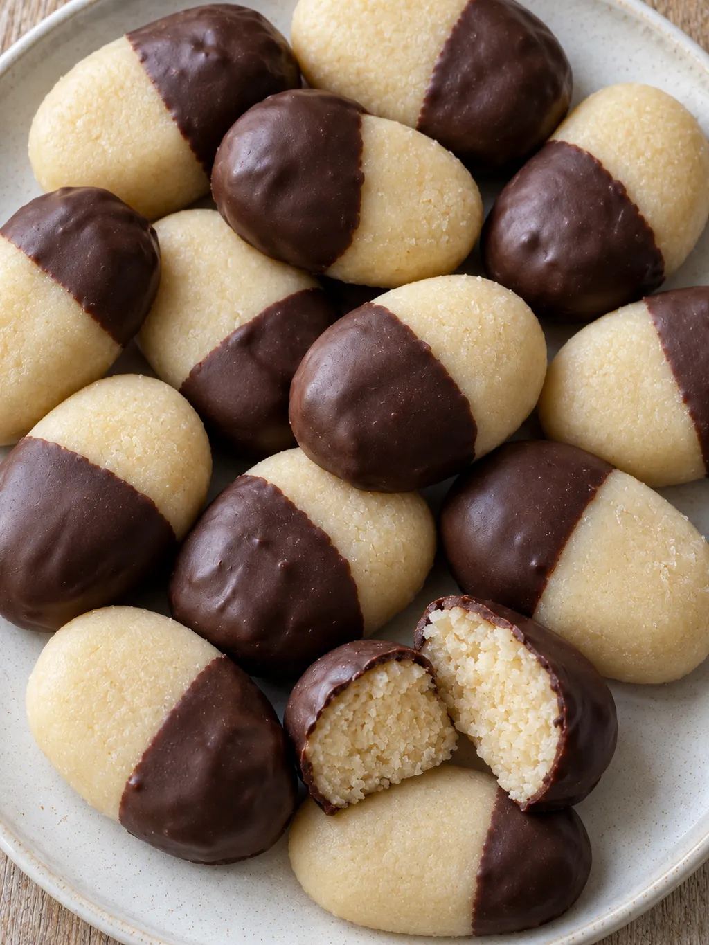 Marsipanovaler med mörk chokladkant och en delad bit med ljus mandelinsida