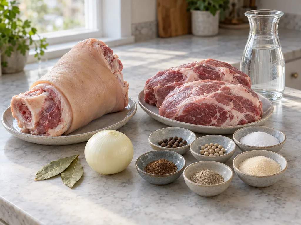 Fläsklägg, fläskbog, lök, lagerblad, peppar, salt och gelatin till pressylta