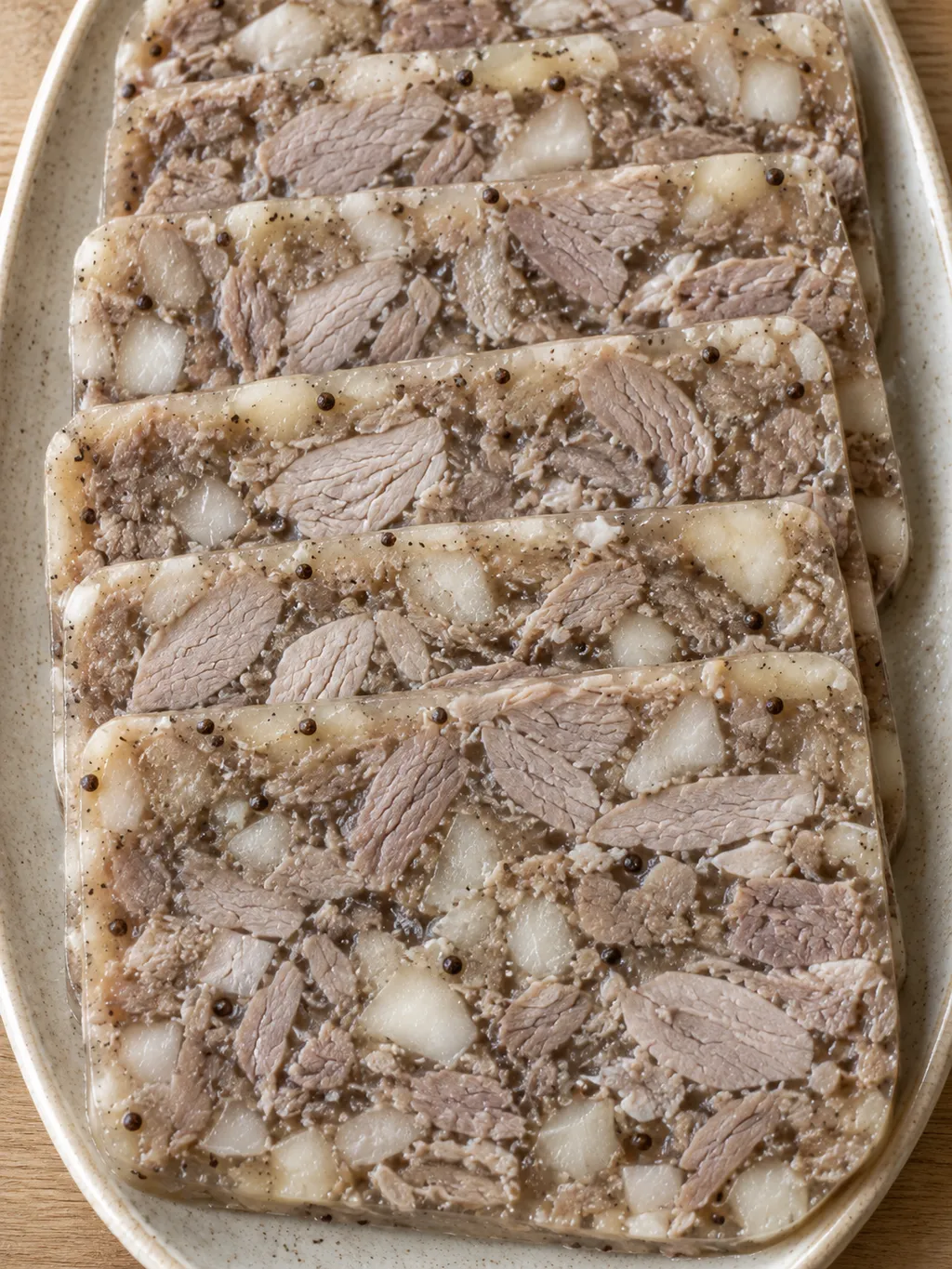 Överlappande skivor pressylta med små köttbitar och tunn gelé