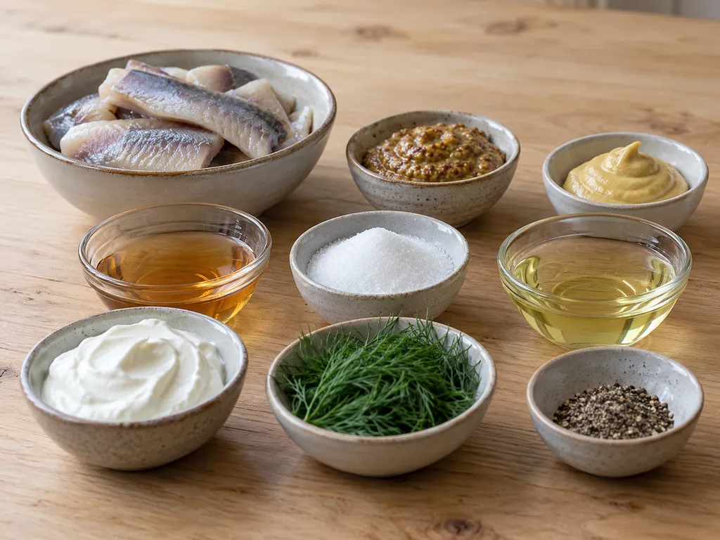 Sillfiléer, två sorters senap, crème fraiche, dill och övriga råvaror till senapssill