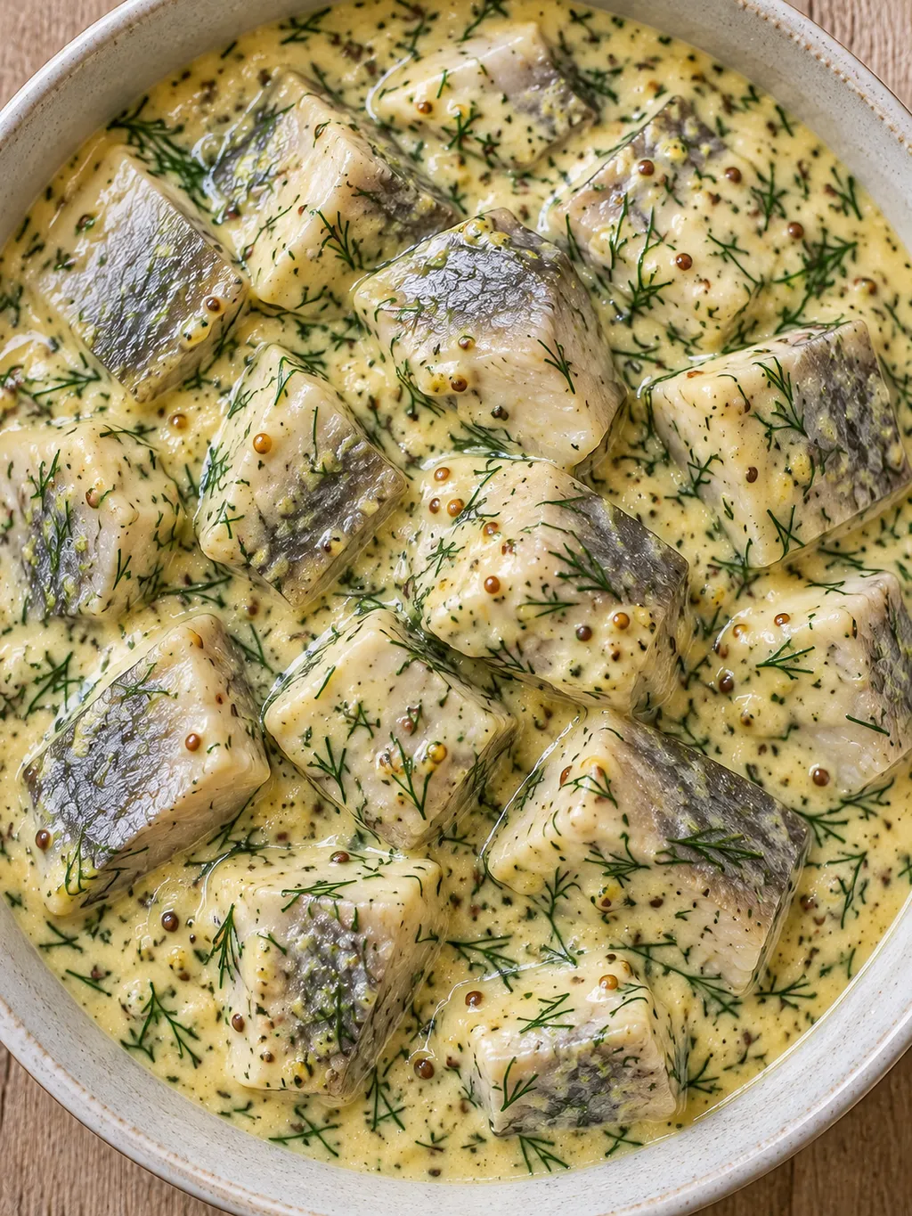 Fasta sillbitar täckta av krämig senapssås med finhackad dill