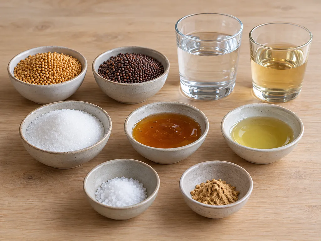 Senapsfrön, vatten, vinäger, socker, sirap, salt, ingefära och rapsolja